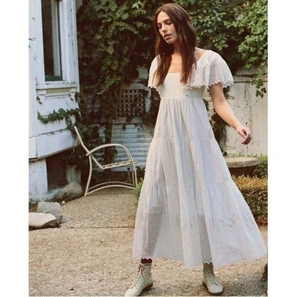 The Great Eyelet Hummingbird Midi Dress Tiered Embroidered Resort S-1 New 279903
